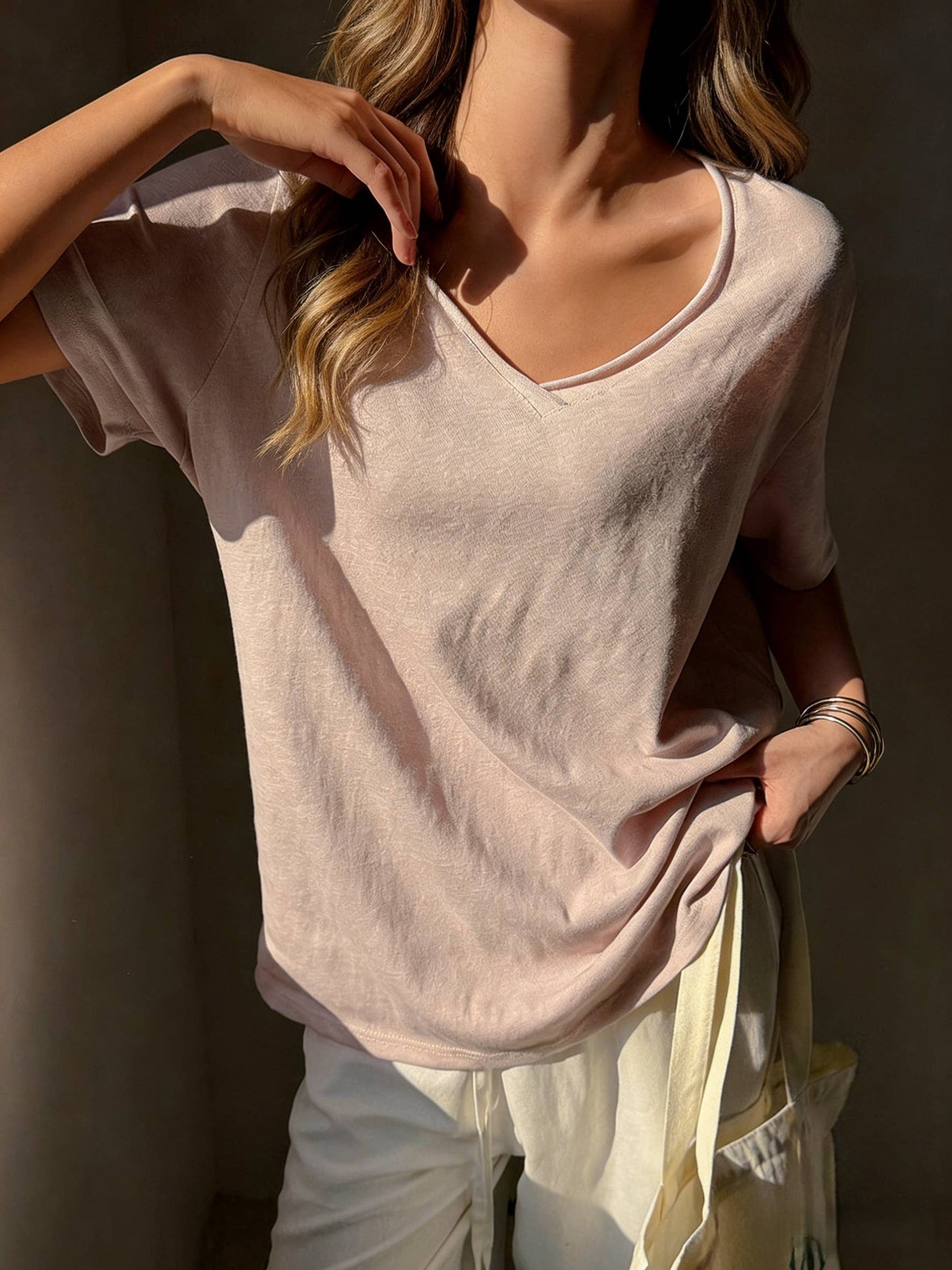 Cotton blend short sleeve roll neck tees V-neck T-shirt - Grey or Pink - 146744
