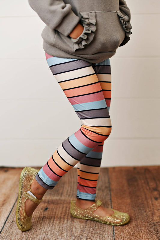 Gray Ruffle Hoodie and Rainbow Stripe Leggings Set