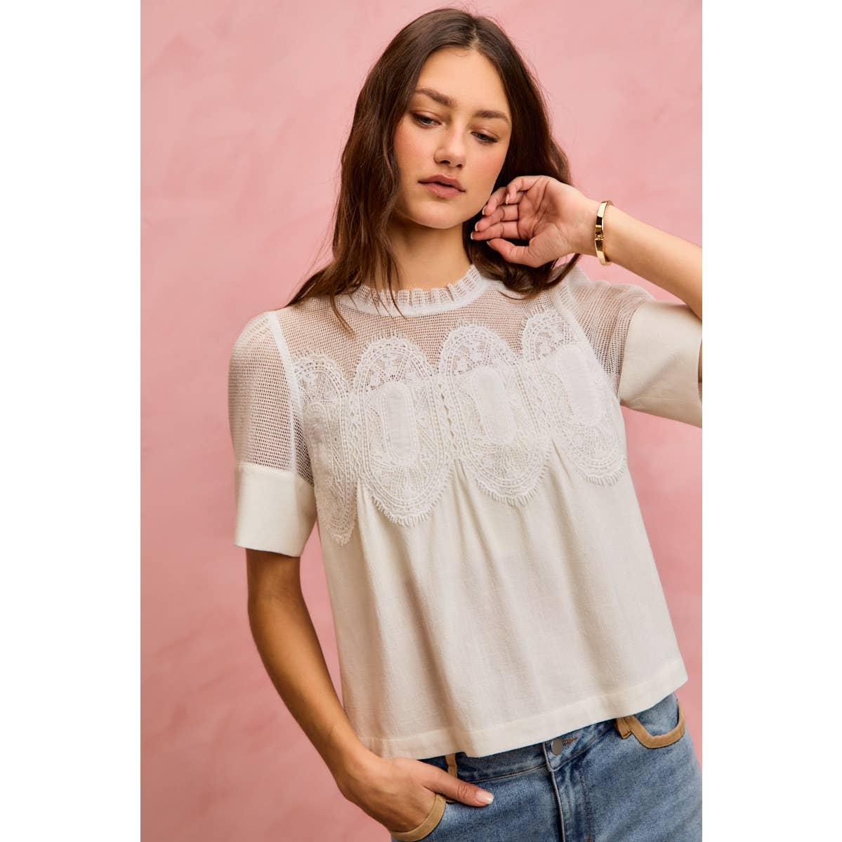 White Linen Blend Lace Trim Shirt-144039