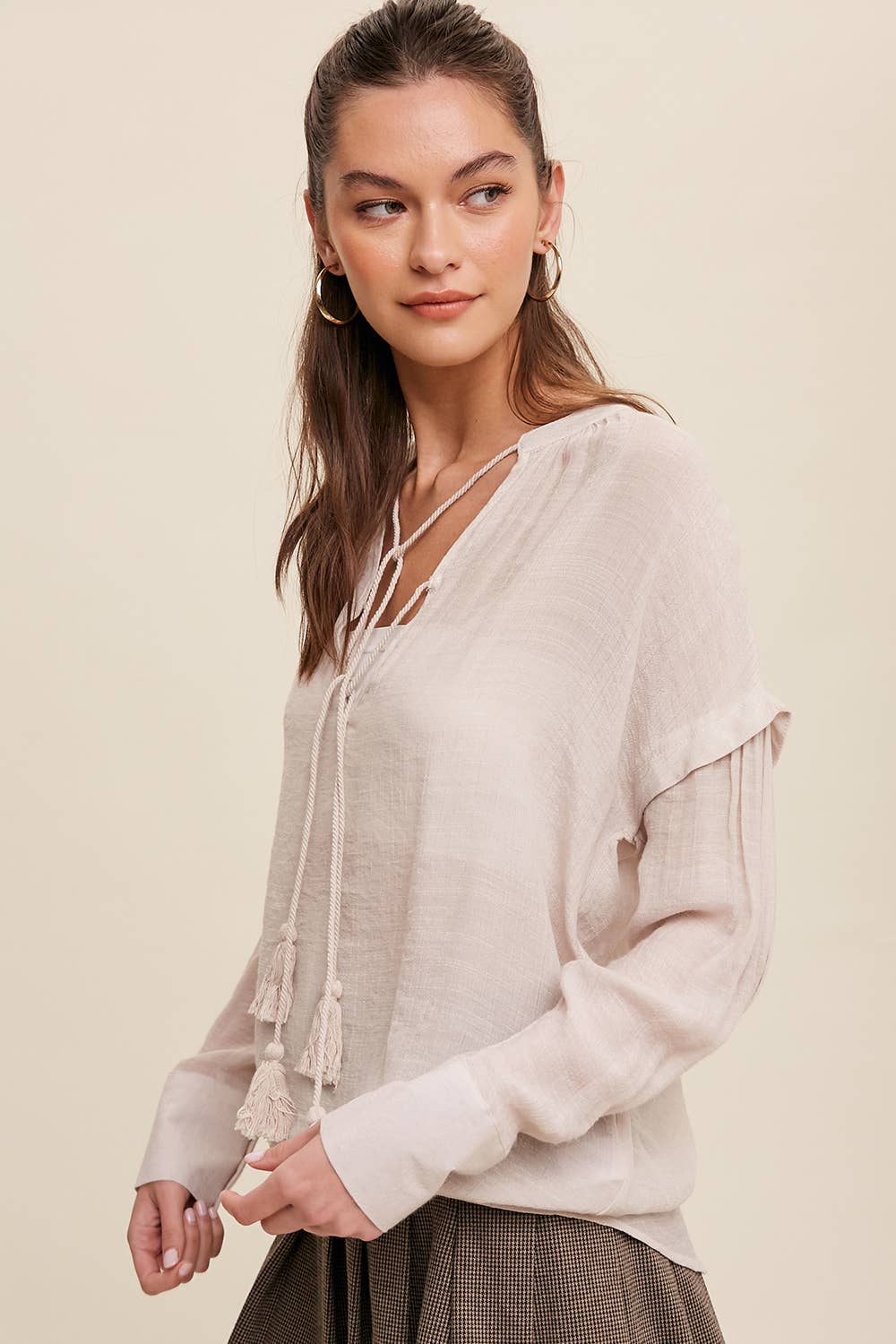 Champagne Tassel Tie Boho Blouse-140783