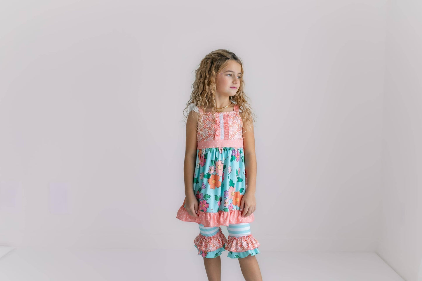 Girls Peach & Teal Floral Stripe Ruffle Lace Top and Capri Set-173611
