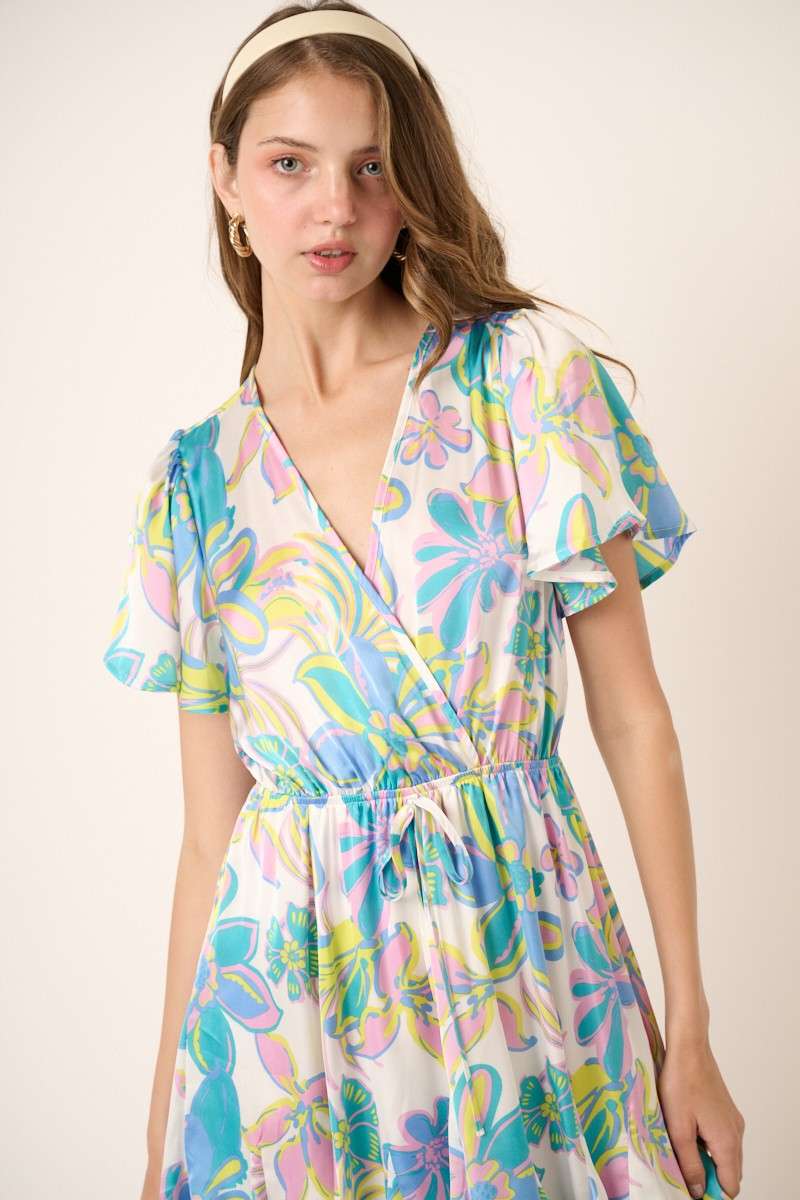Blue Floral Print Surplice Mini Dress- 124266