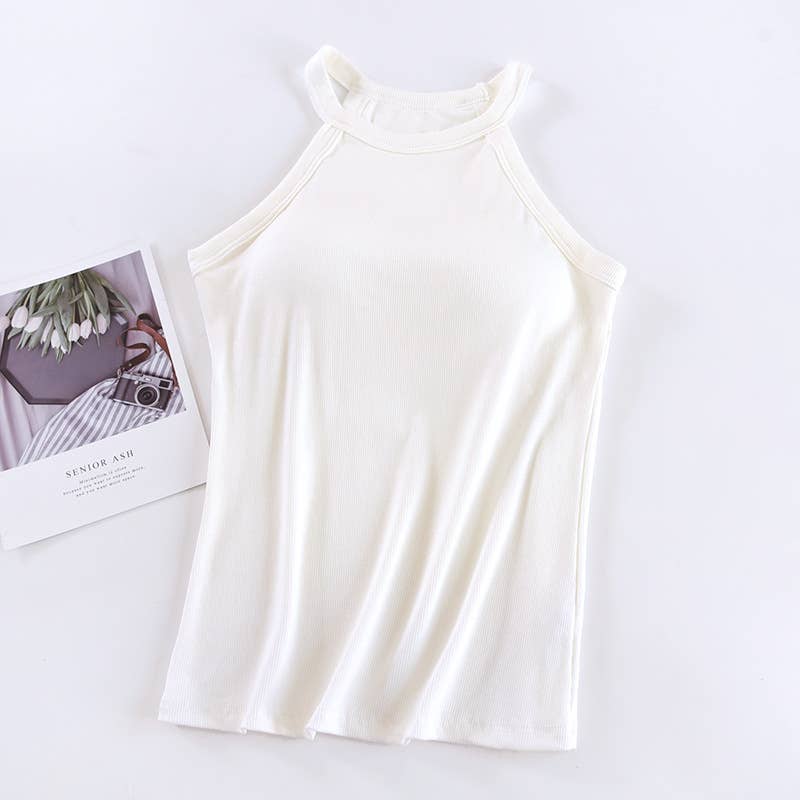 White Round Neck Halter Built-In Bra Tank Top- 180444