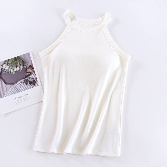 White Round Neck Halter Built-In Bra Tank Top- 180444