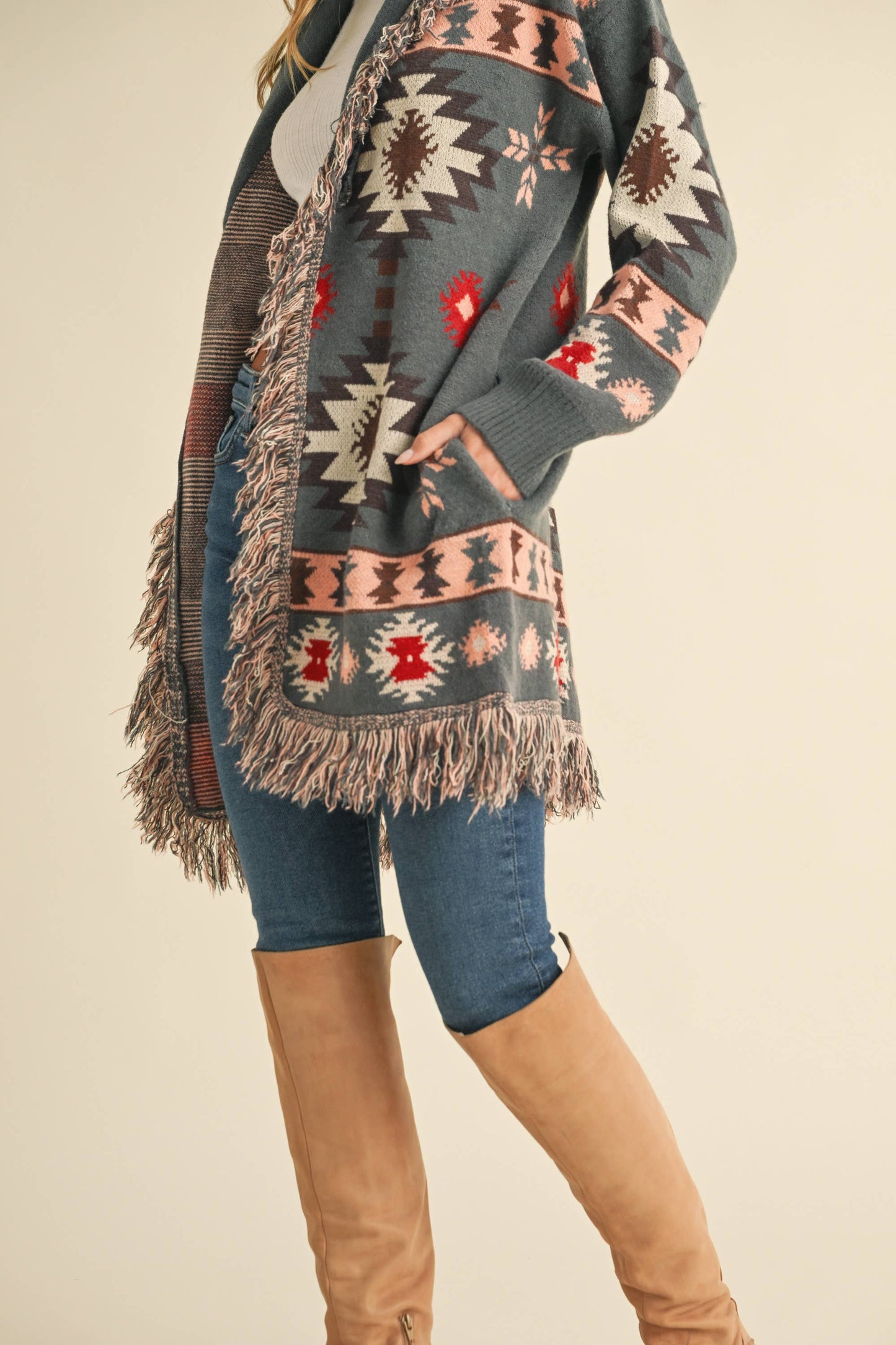 Aztec Print Fringed Knitted Long Cardigan