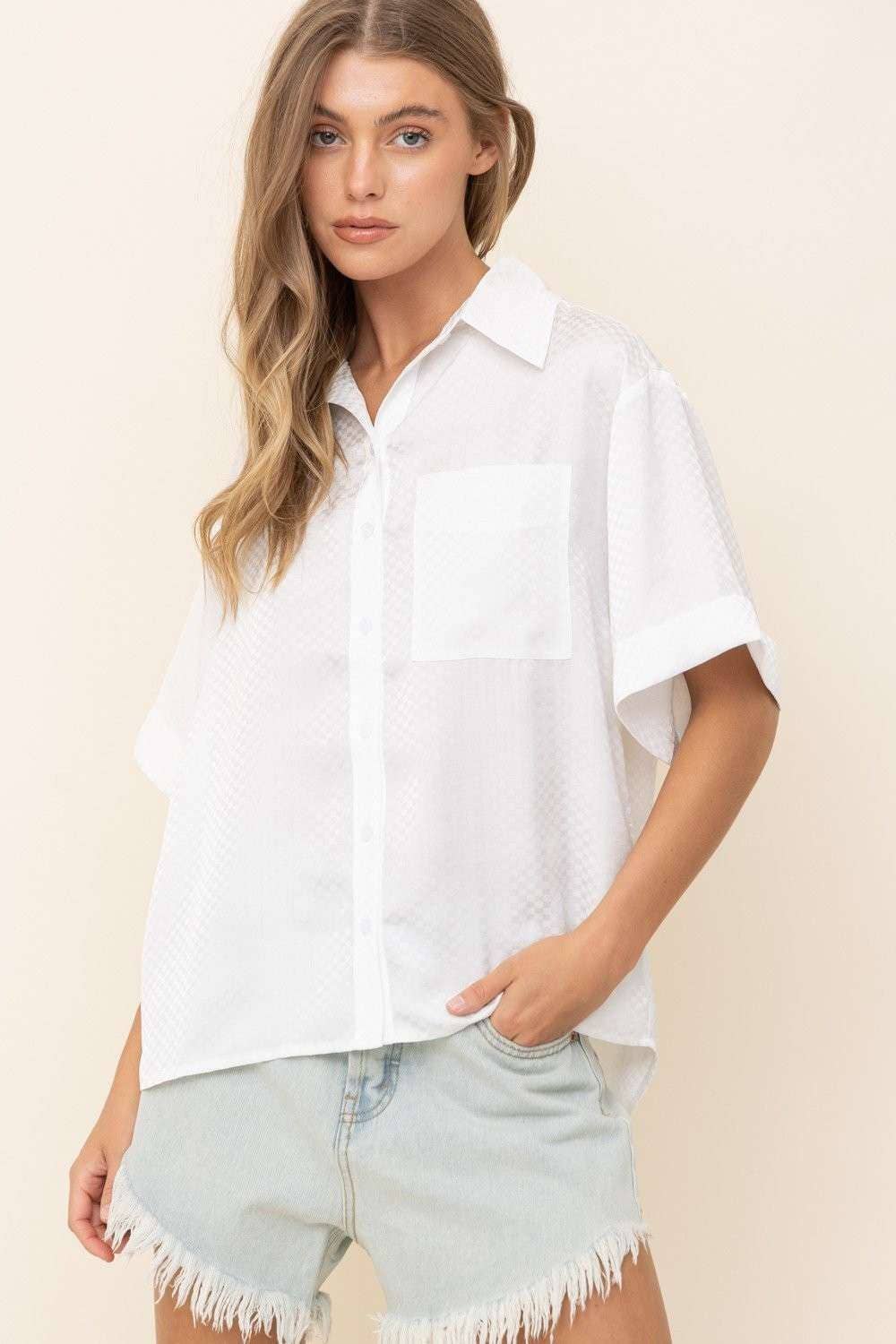 White Isla Textured Button-Up Oversized Top