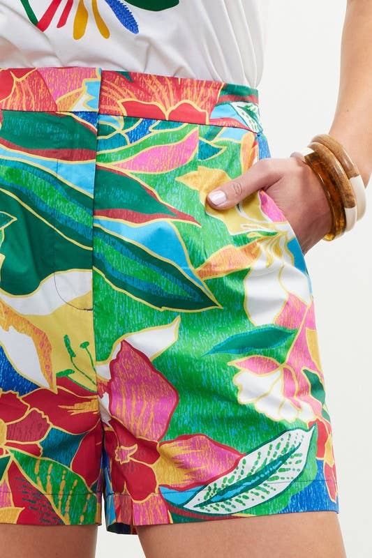 Red Multi Colored Printed Shorts w/ Pockets-115037