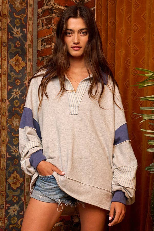 Ivory & Navy French Terry Knit Color-block Collared Loose Fit Top