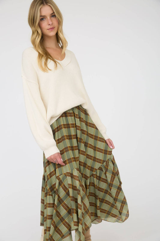 Green Plaid Ruffle Handkerchief Hem Midi Skirt