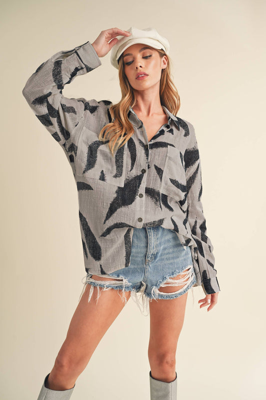 Elodie Grey and Black Linen Printed Button Up Shirt