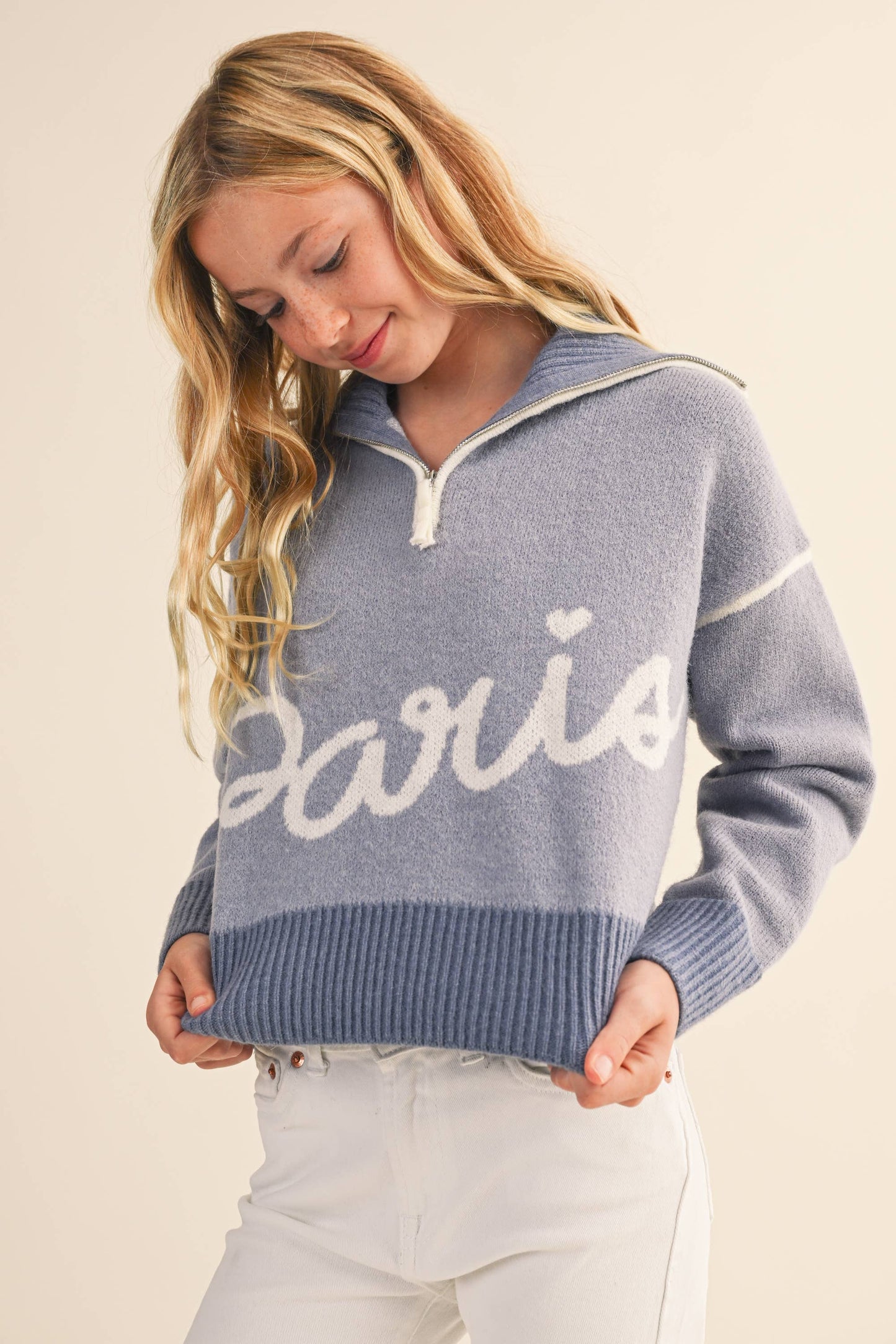Periwinkle Blue "Paris' Half Zip Collar TWEEN Sweater
