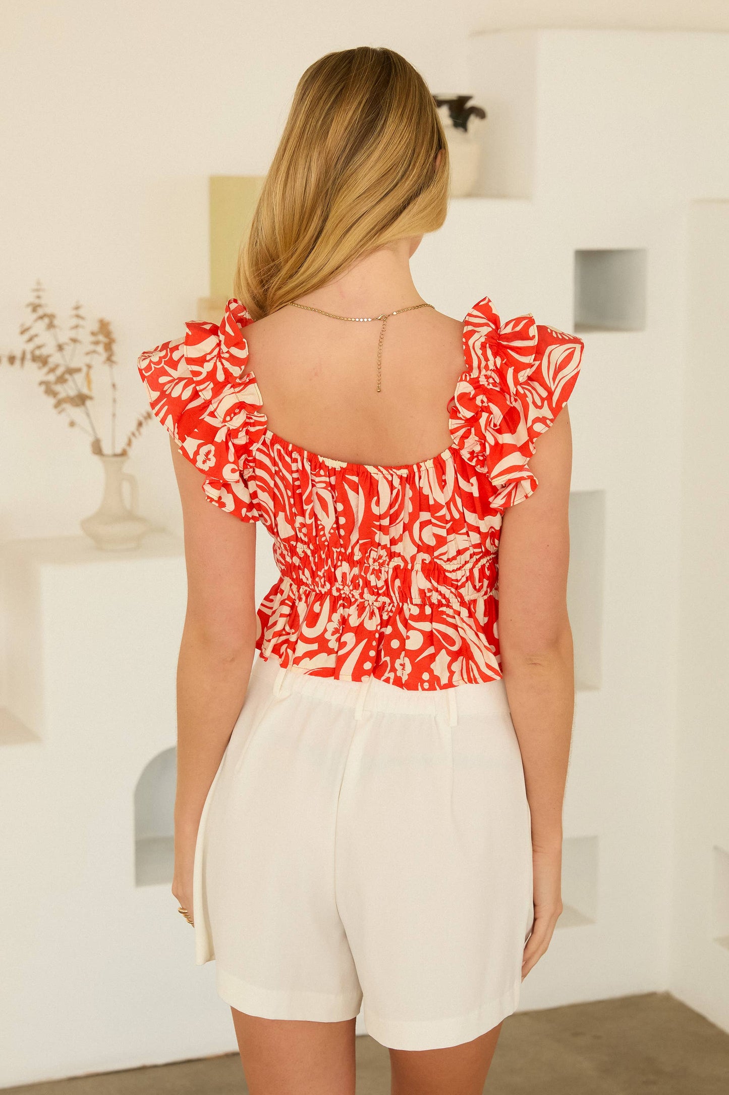 Coral Floral Ruffle Sleeve Smocked Top-144753