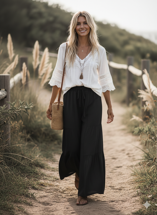 Black Linen Blend Wide Leg Palazzo Pants-132214