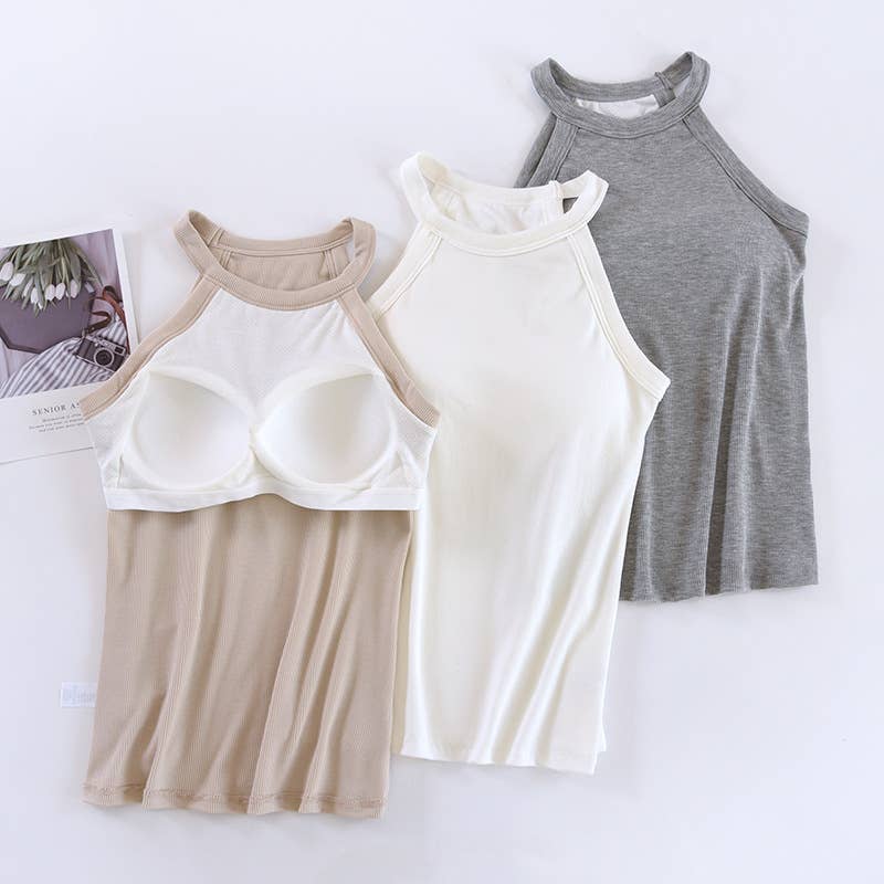 White Round Neck Halter Built-In Bra Tank Top- 180444