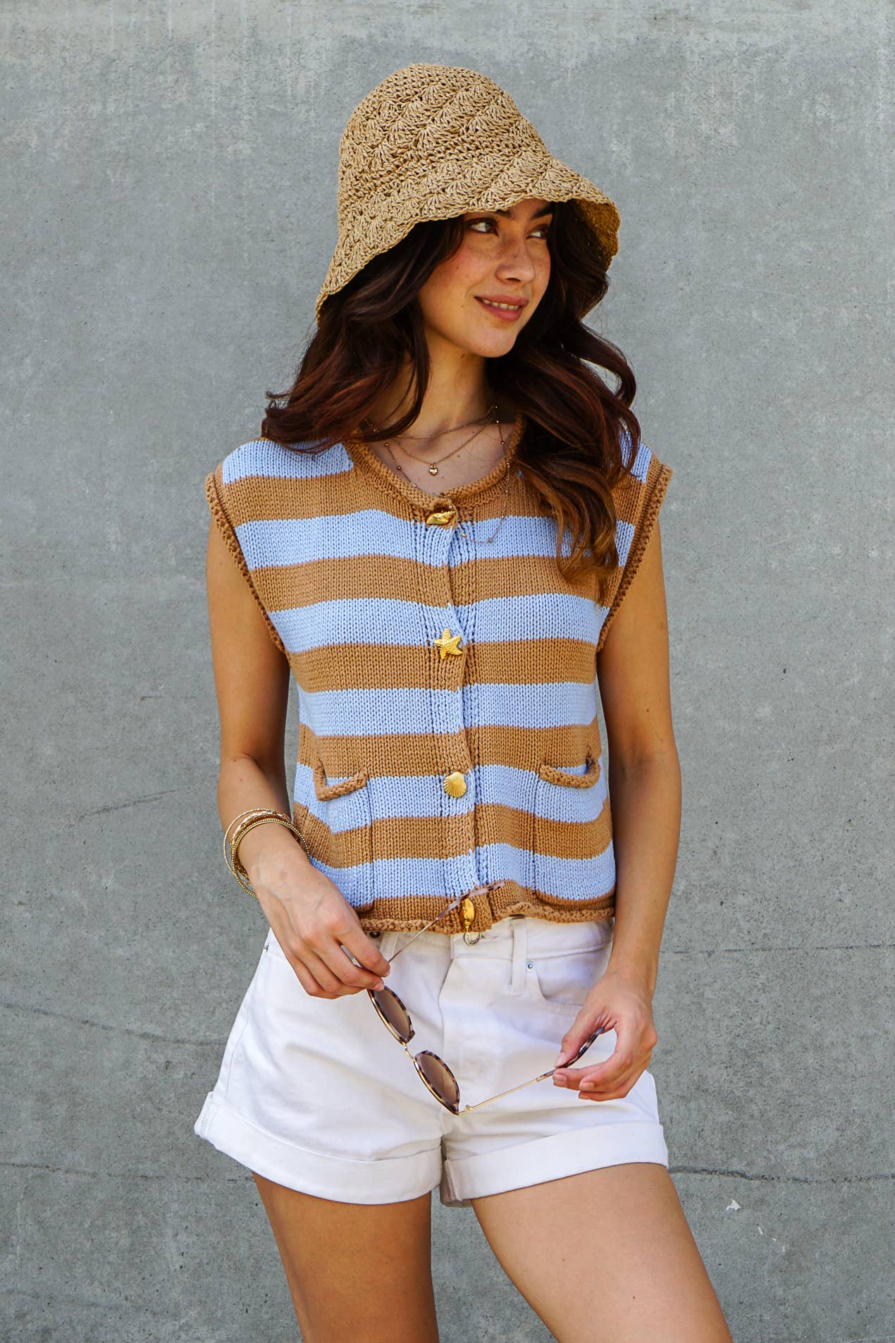 Mocha and Blue Striped Nautical Button Knit Vest-211221