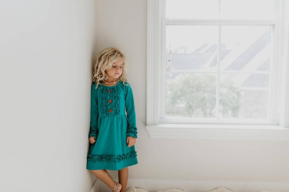 Dark Teal Long Sleeve with Ruffles and Buttons Dress