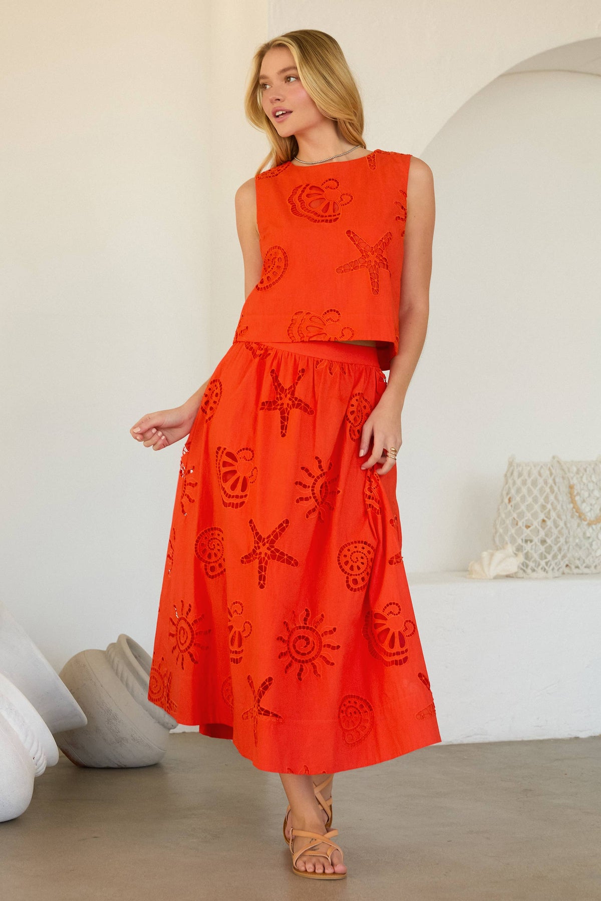 Coral Seaside Embroidered Eyelet Sleeveless Top-147469