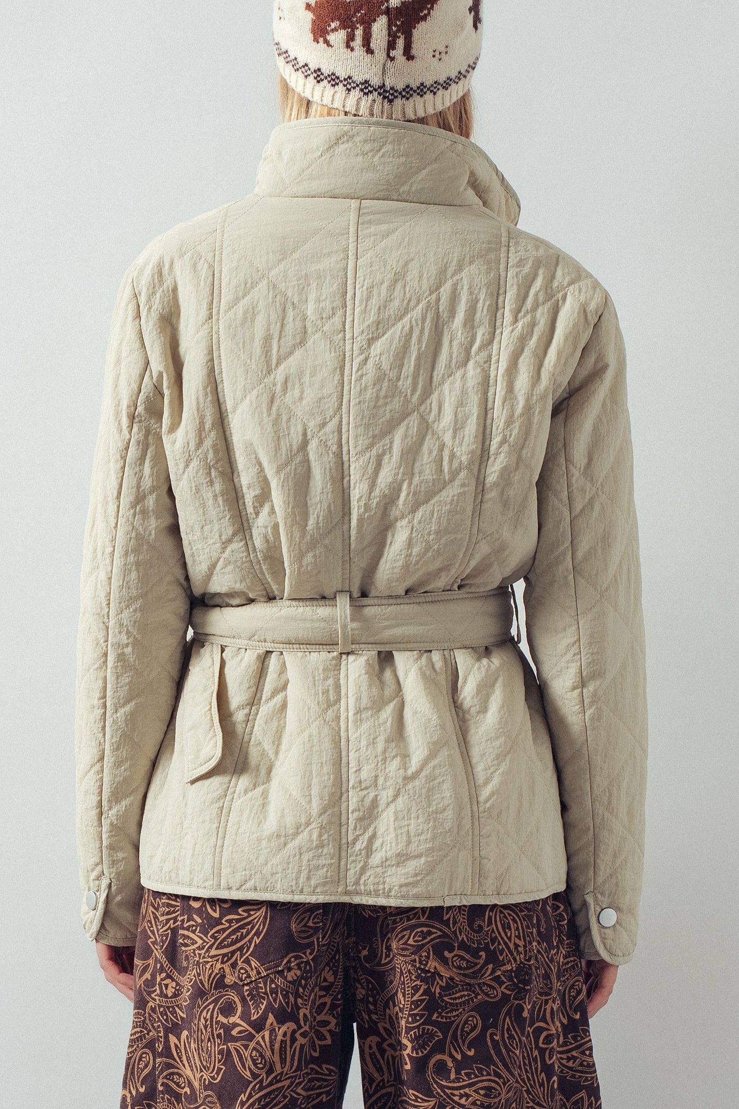 Lt Khaki Lauren Belted Diamond-Quilted Snap-Front Jacket