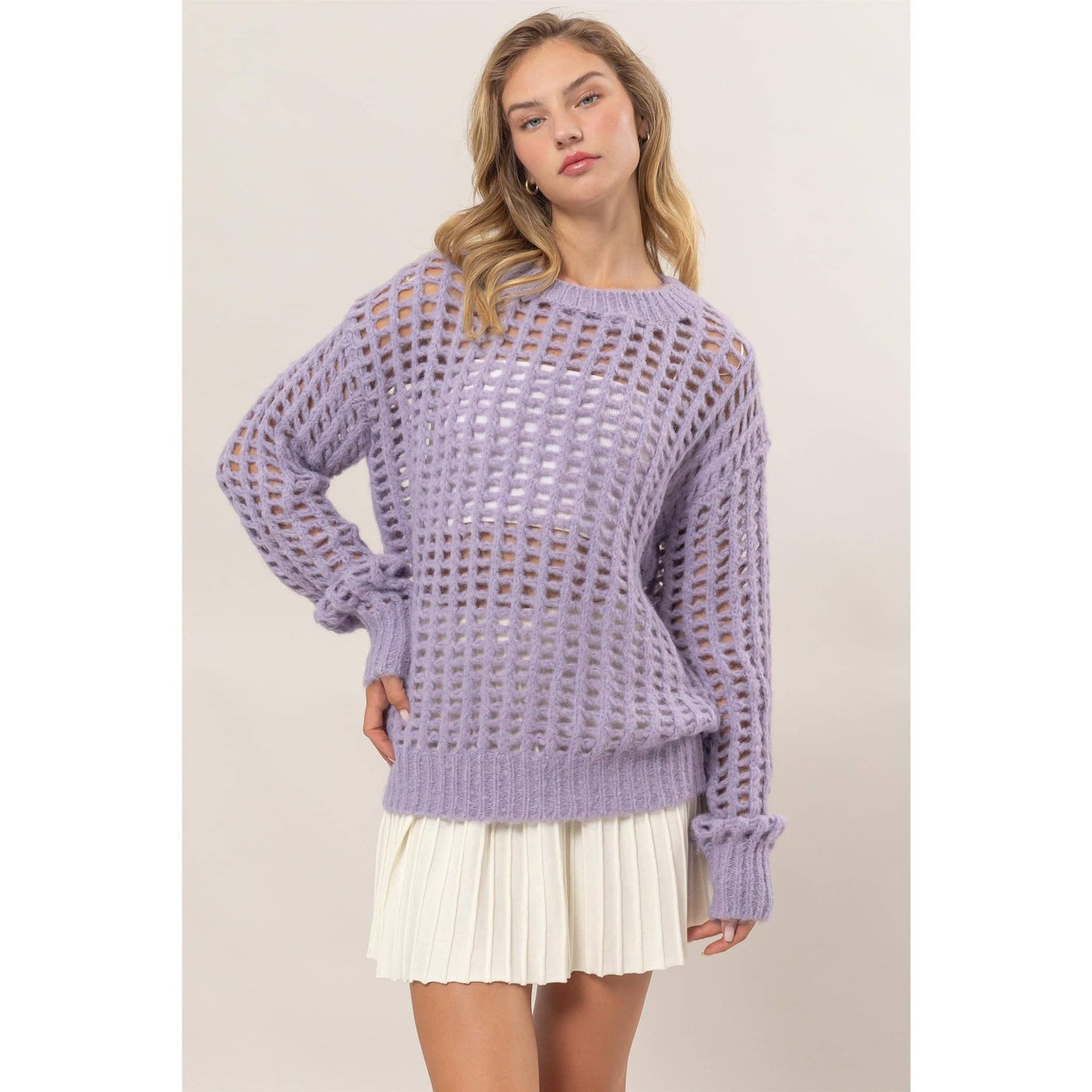 Soft Lavender Open Fish Net  Stitch Long Sleeve Sweater
