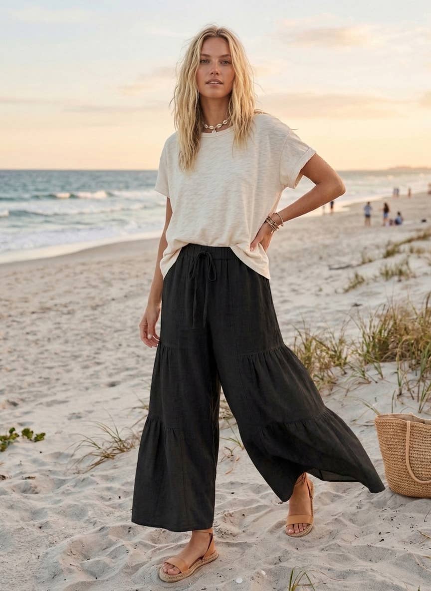 Black Linen Blend Wide Leg Palazzo Pants-132214