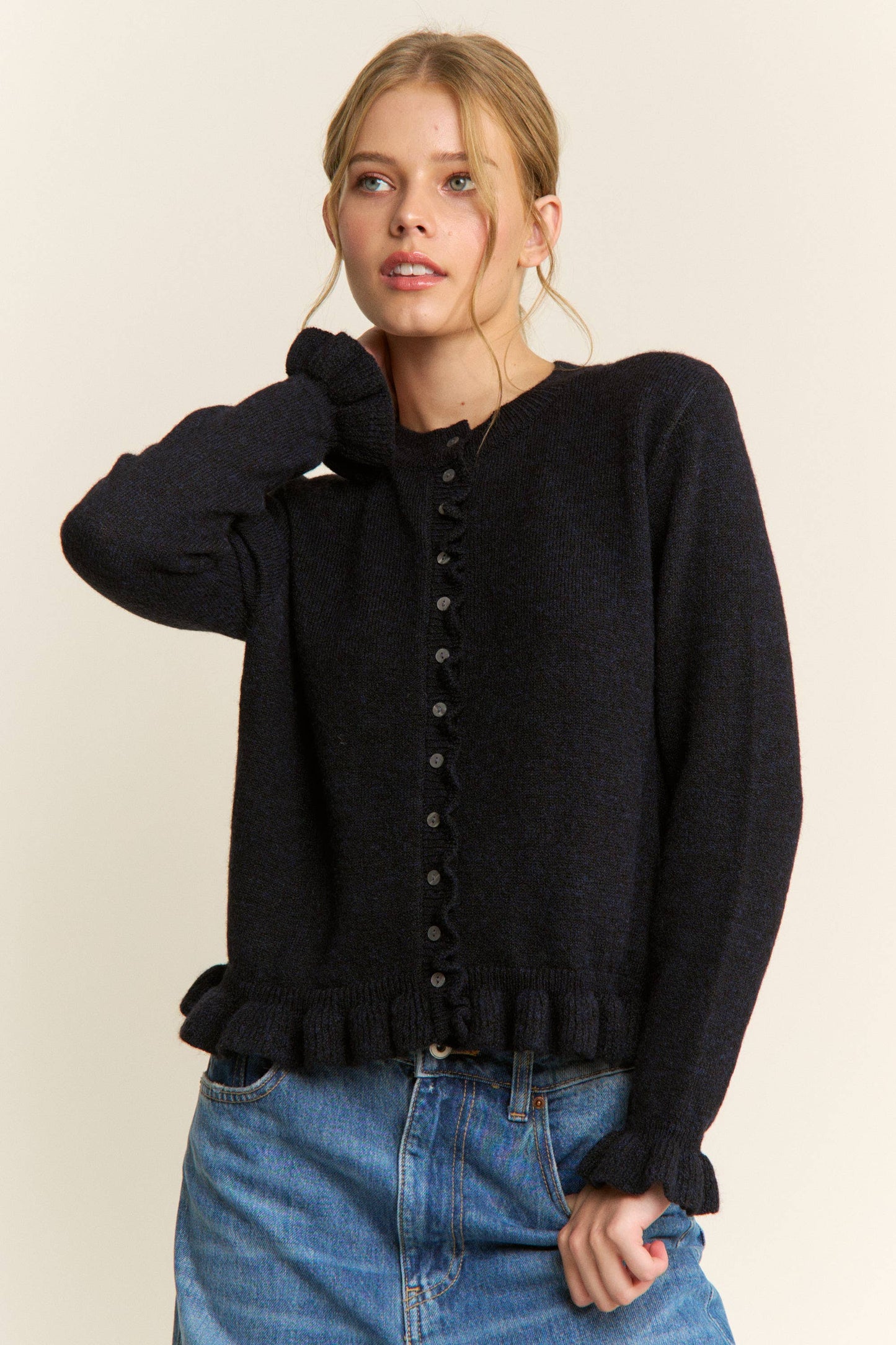 Navy Ruffle Trim Button-Up Cardigan -151015