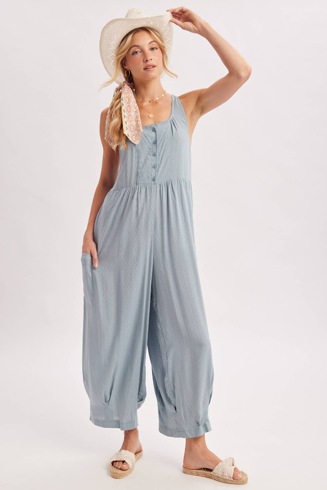 Chambray Boho Cross-Back Jumpsuit-133181
