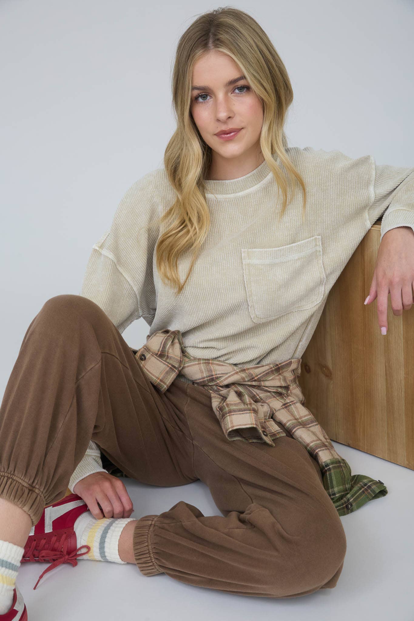Khaki Acid Washed Ribbed Oversized Cotton Top