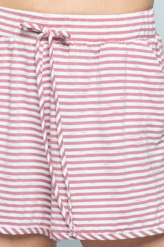Pink and White Striped Cotton Drawstring Shorts