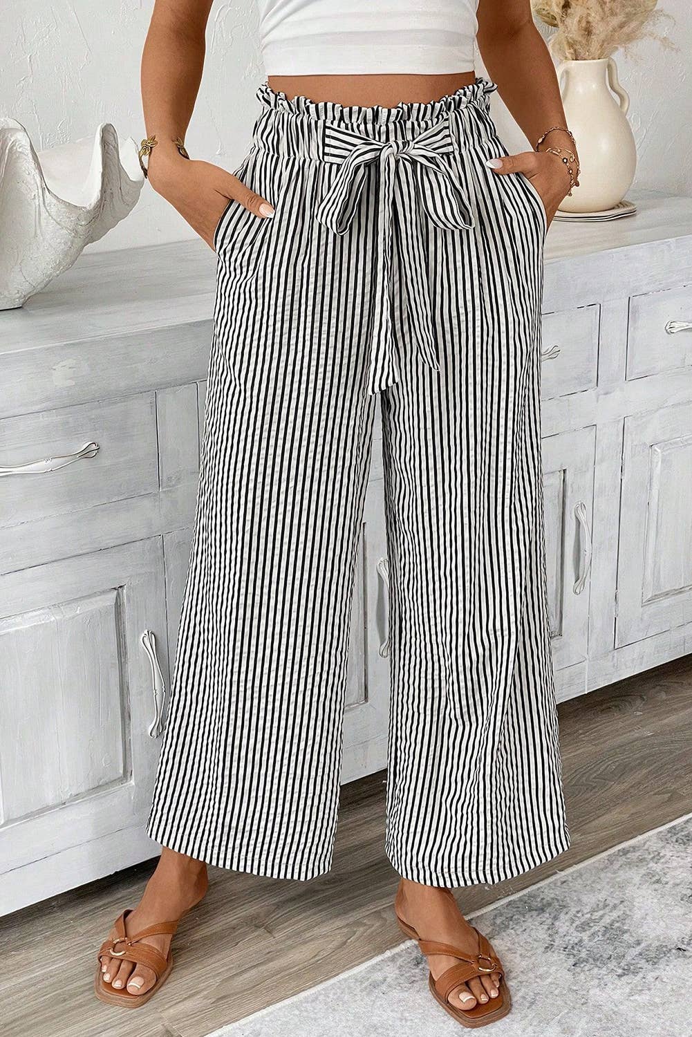 Black/White Striped Tie Knot Wide Leg Cropped Pants - 137713