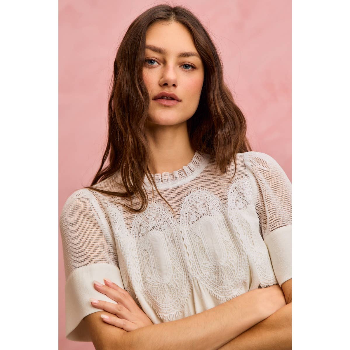 White Linen Blend Lace Trim Shirt-144039