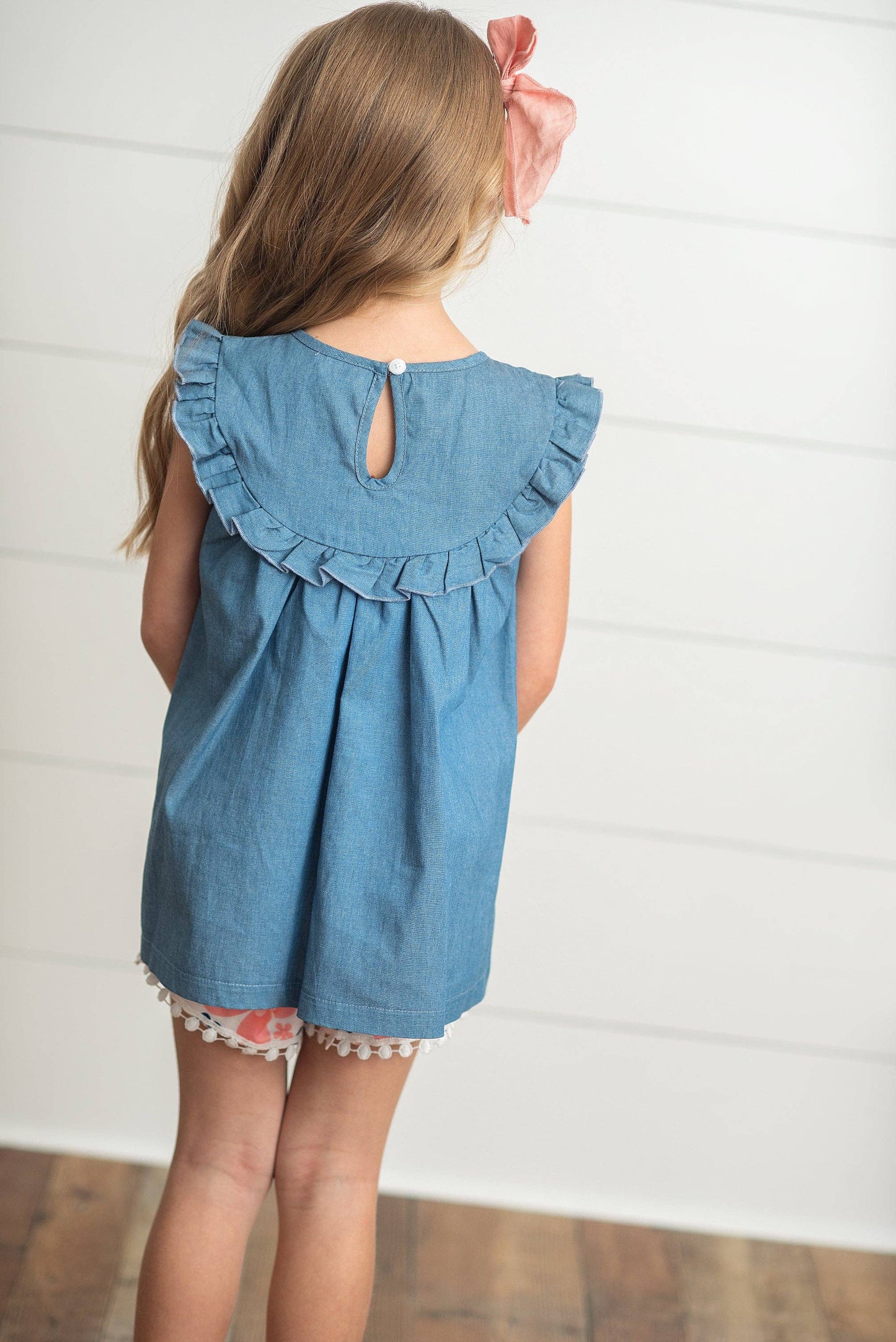 Girls Denim Flutter Top and Coral Floral Ruffle Short Set-171426