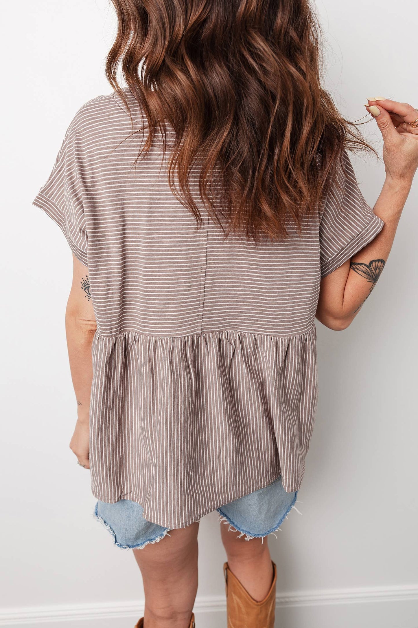Khaki Stripe High Low Side Slit T Shirt - 142523