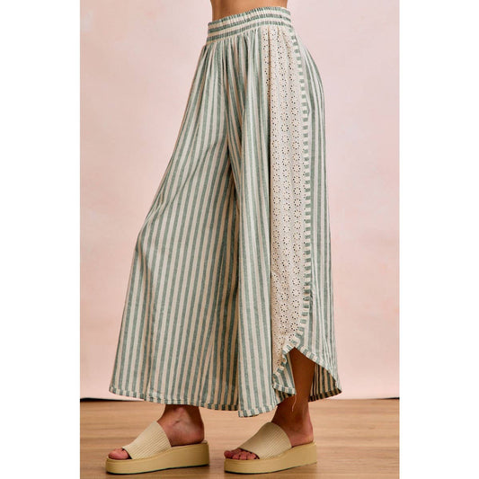 Black and White Stripe and Eyelet Side Wide Leg Pants-131889