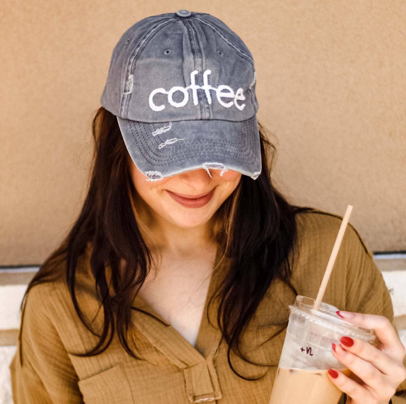 Grey 'Coffee' Distressed Unisex Hat