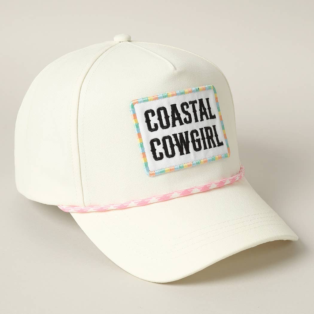 White Coastal Cowgirl Embroidery Patch Trucker Hat with Pink and White Trim
