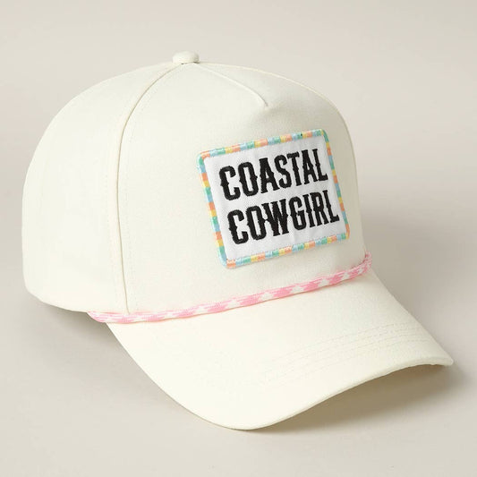 White Coastal Cowgirl Embroidery Patch Trucker Hat with Pink and White Trim