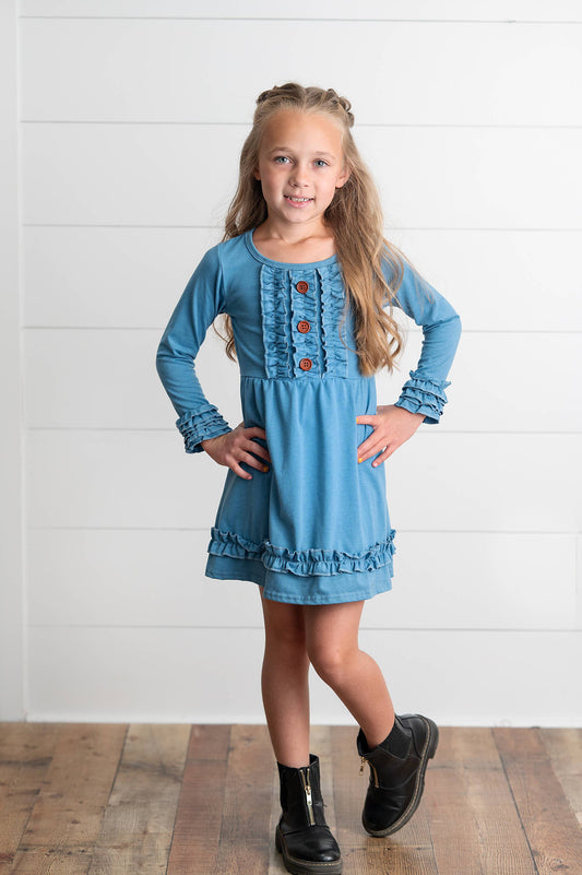 Long Sleeve Solid Blue Ruffle Button Cotton Dress