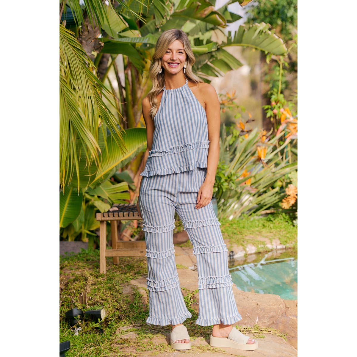 Light Blue Stripe Ruffles Detail Halter Top-145258