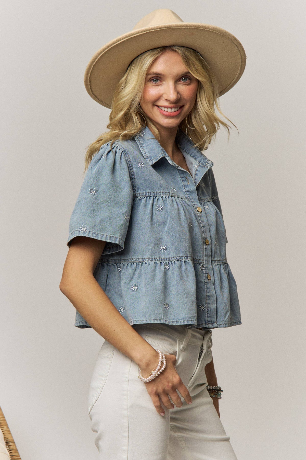 Denim Star Tiered Embroidered Shirt-144516