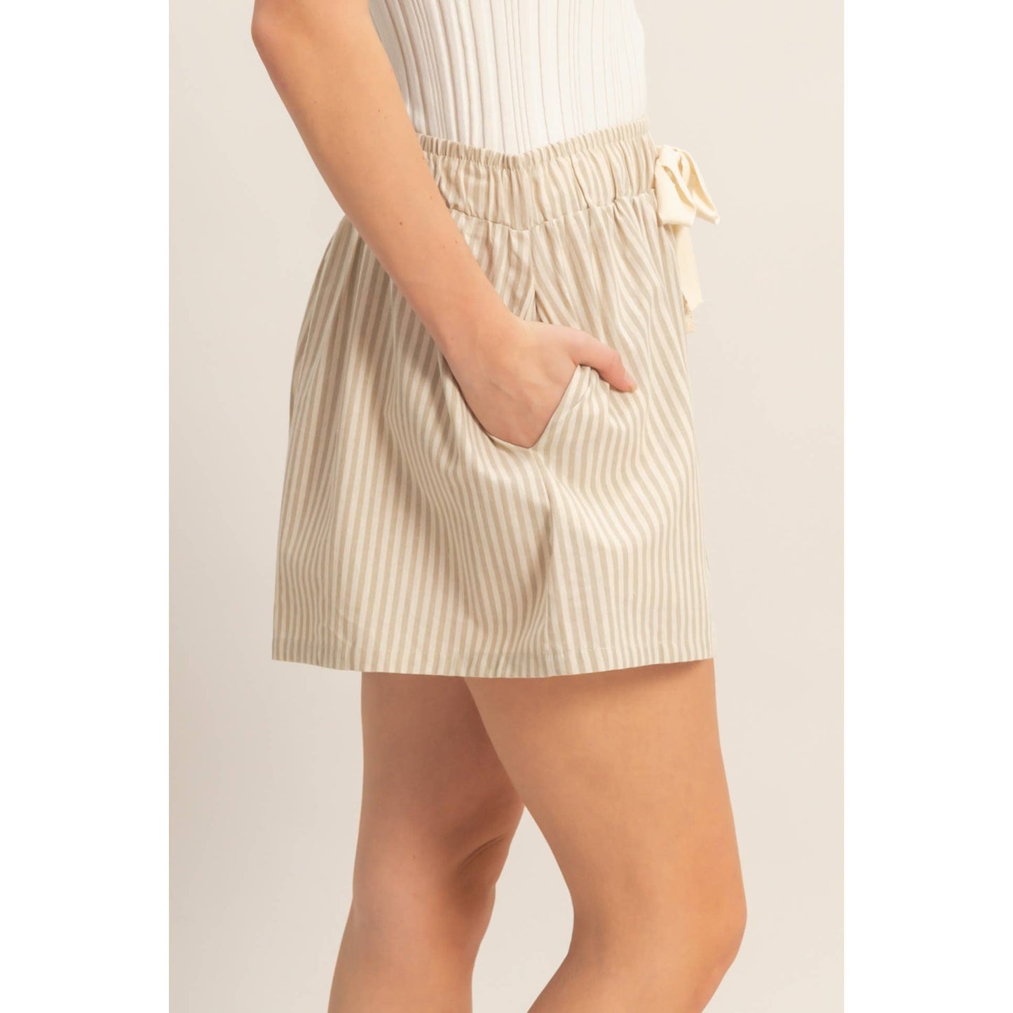 Beige Striped Elastic Tie Waist Shorts - 11001