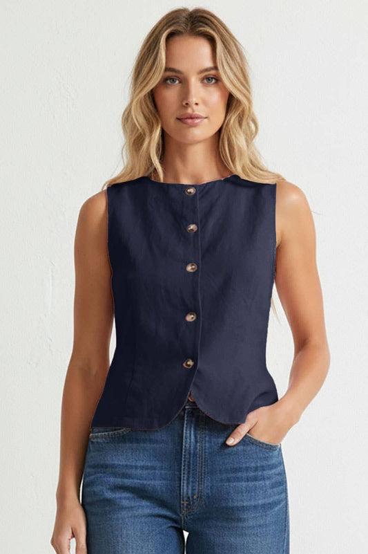 Navy Sleeveless Woven Vest With Back Tie-145073