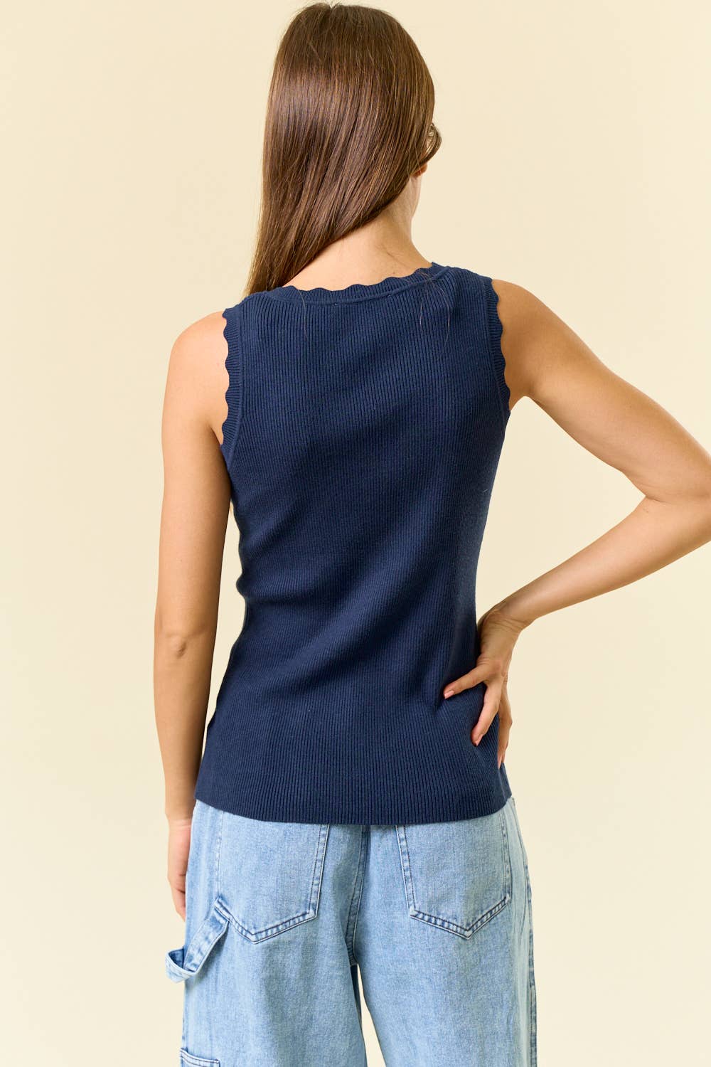 Navy Scalloped Scoop Neck Sleeveless Knit Sweater Top
