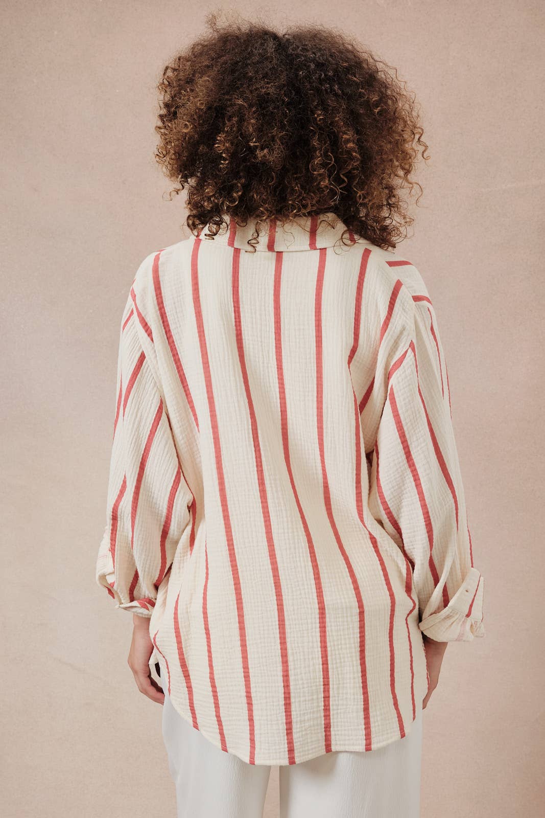 Cream and Red Stripe Dolman Long Sleeve Button Down Shirt-140647