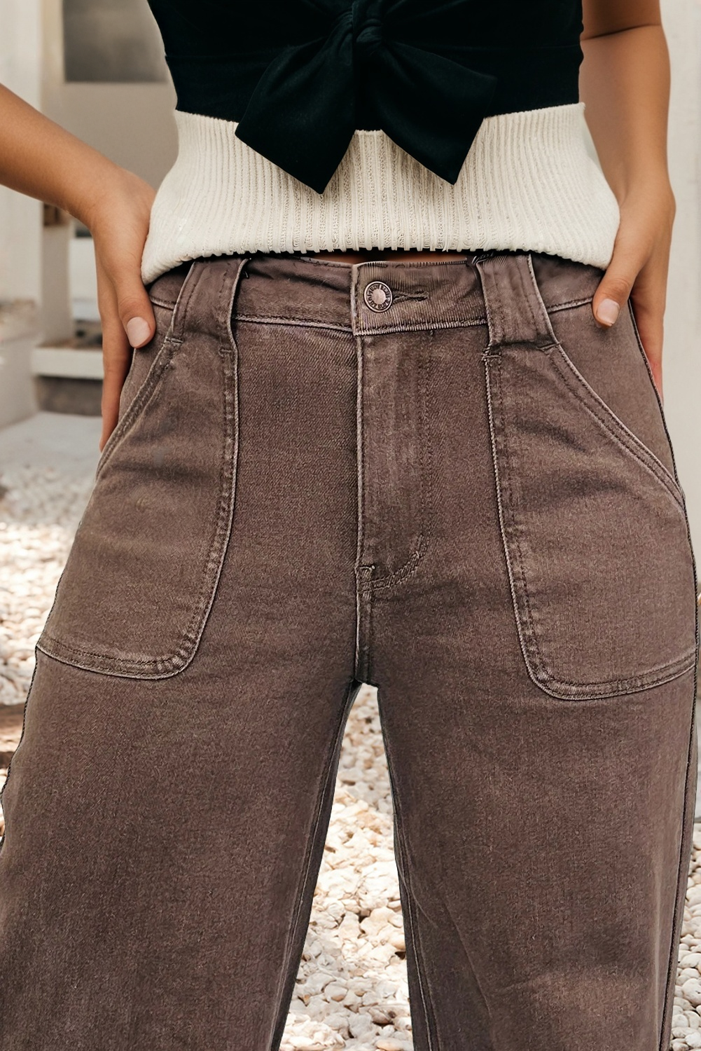 Retro Mocha Brown Washed Patch Pocket Loose Jeans