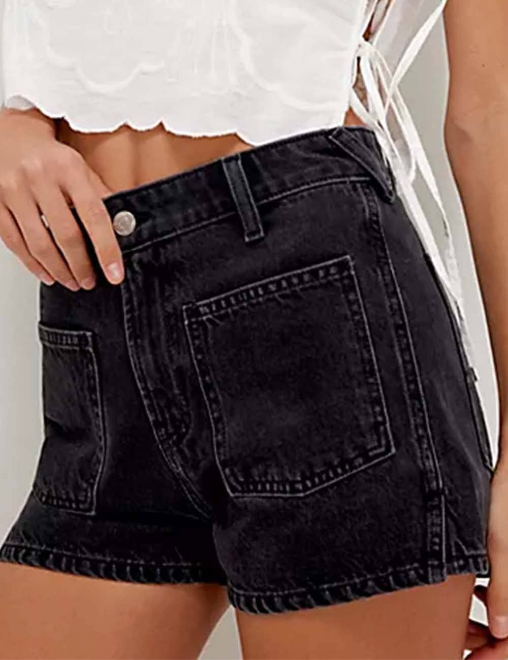 Black Denim Front Pocket Shorts-115652