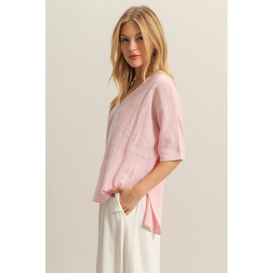 Pretty in Pink V-Neck Oversized Semi-Sheer Cotton Top