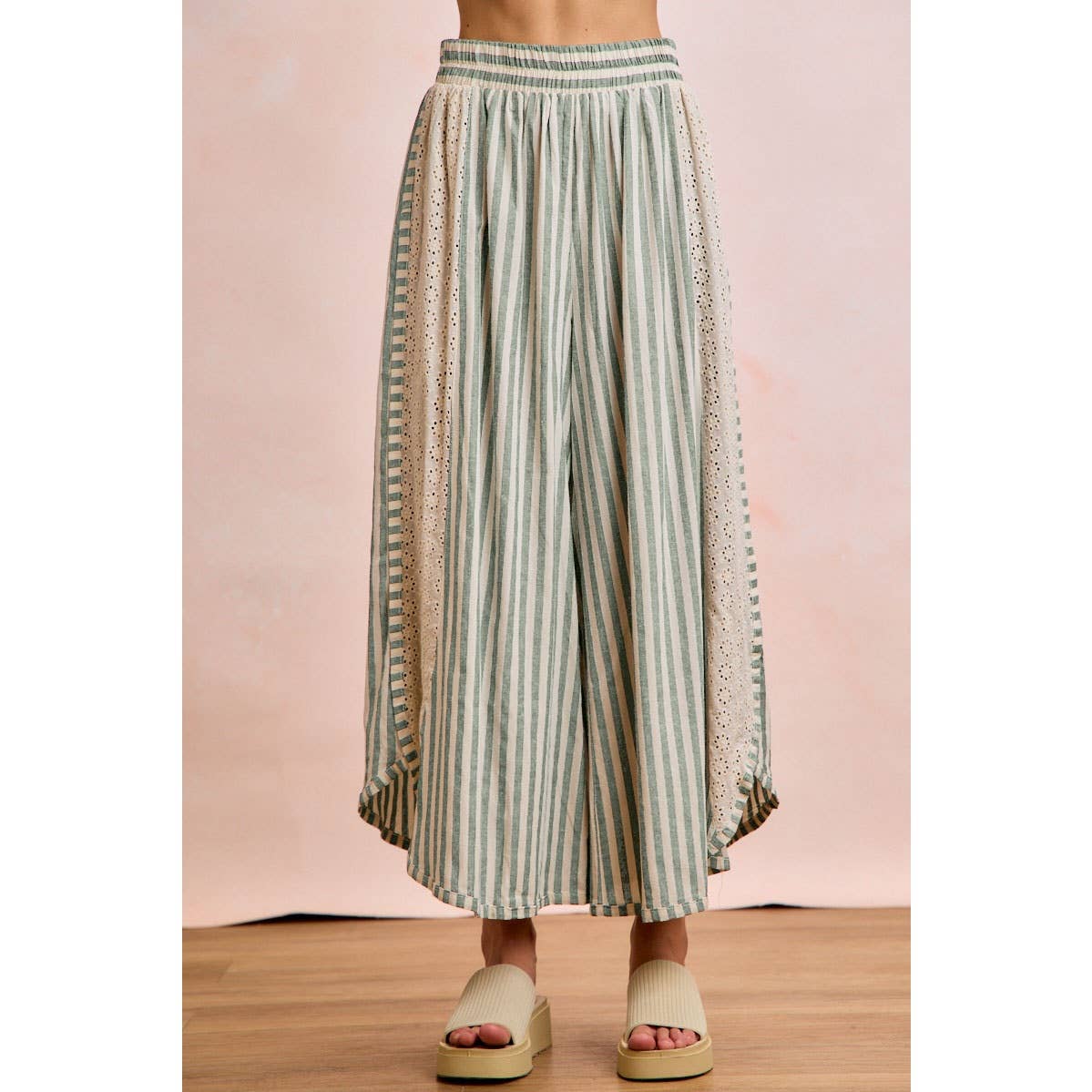Black and White Stripe and Eyelet Side Wide Leg Pants-131889