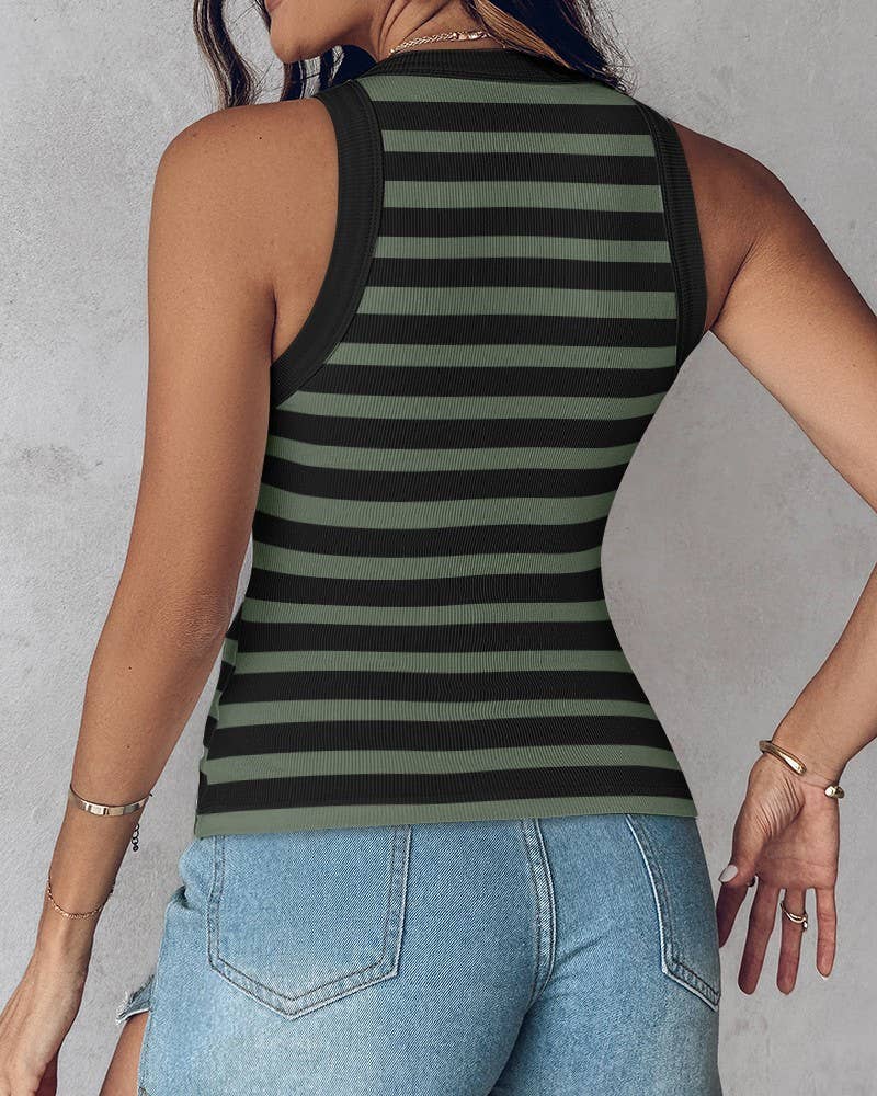 Sage and Black Striped Ribbed Padded Bra Tank- 180462