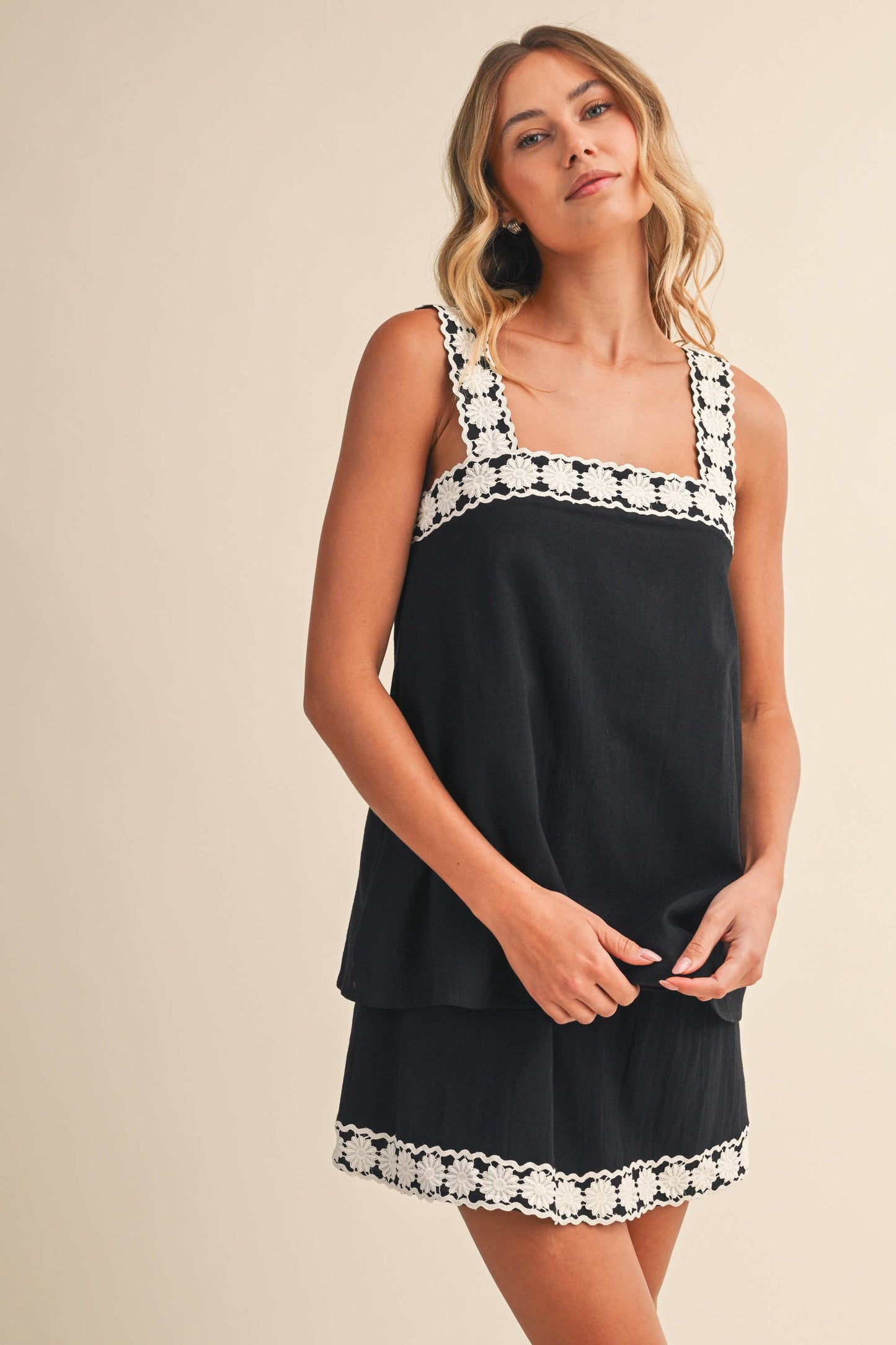 Black with White Detail Trim Linen Dress - 120145