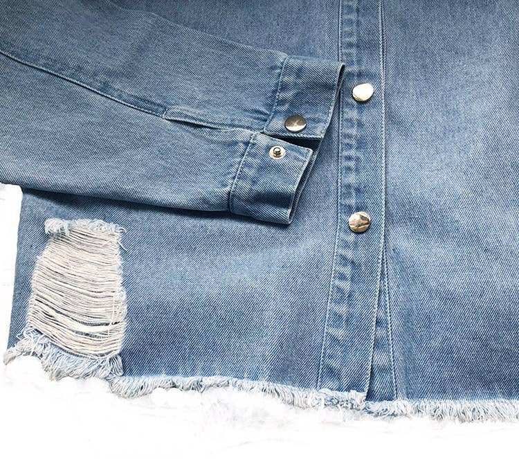 Blue Faded Oversized Distressed Frayed Edges Denim Jacket